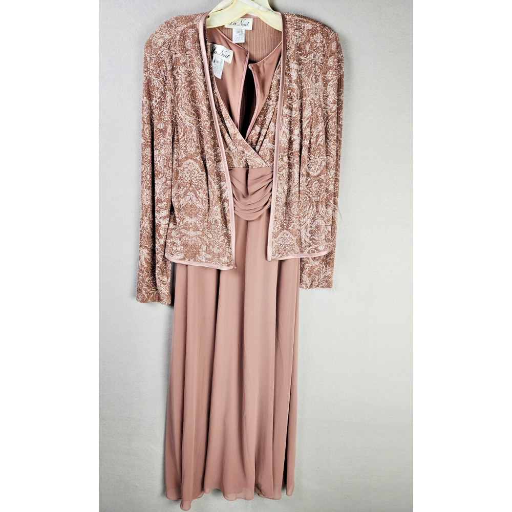 La Nuit Long Gown w/Long Sleeve Jacket- Pink Paisely Print - Size 10
